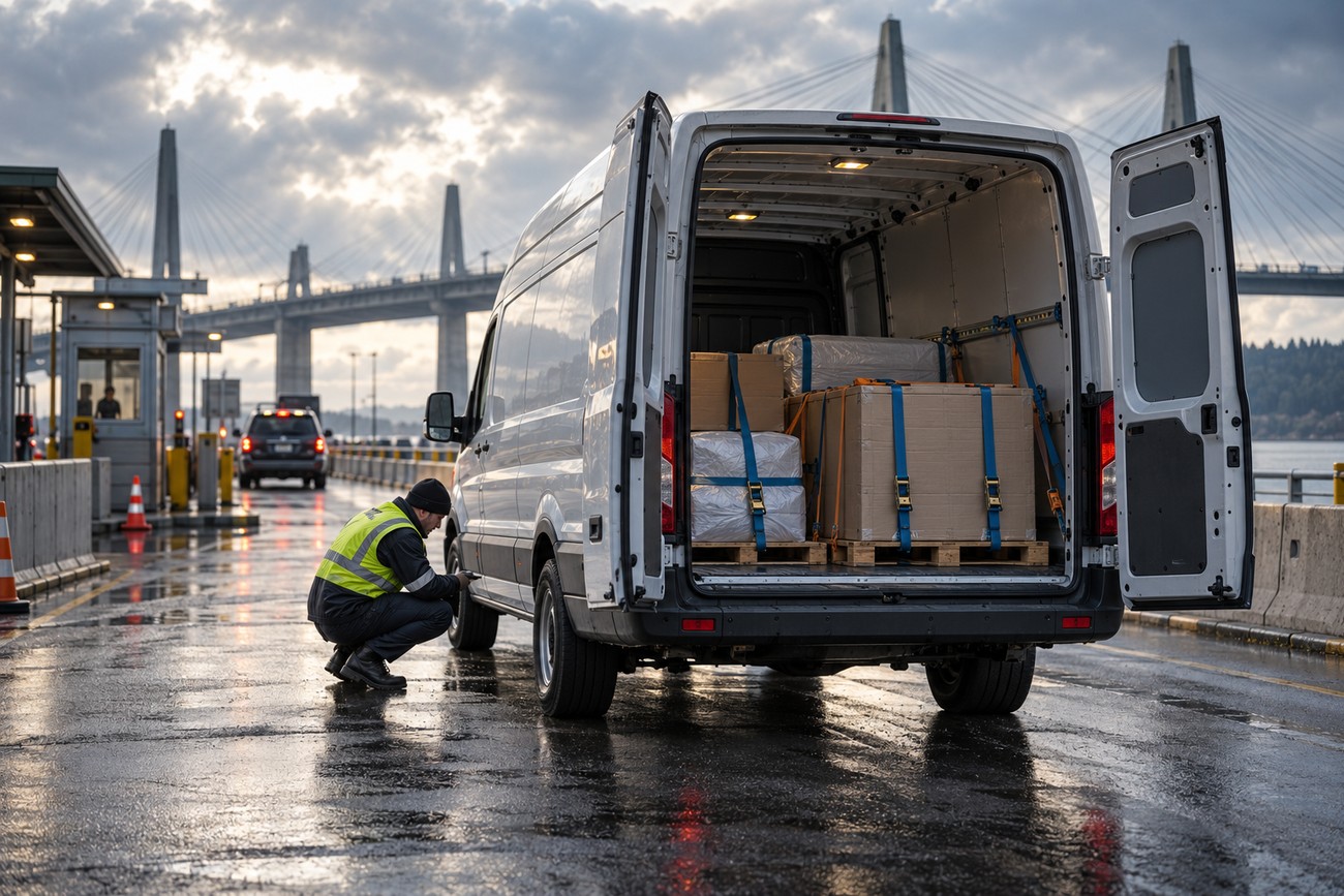 Driver in safety vest inspecting a Ford Transit van parked on a wet bridge road with open cargo doors