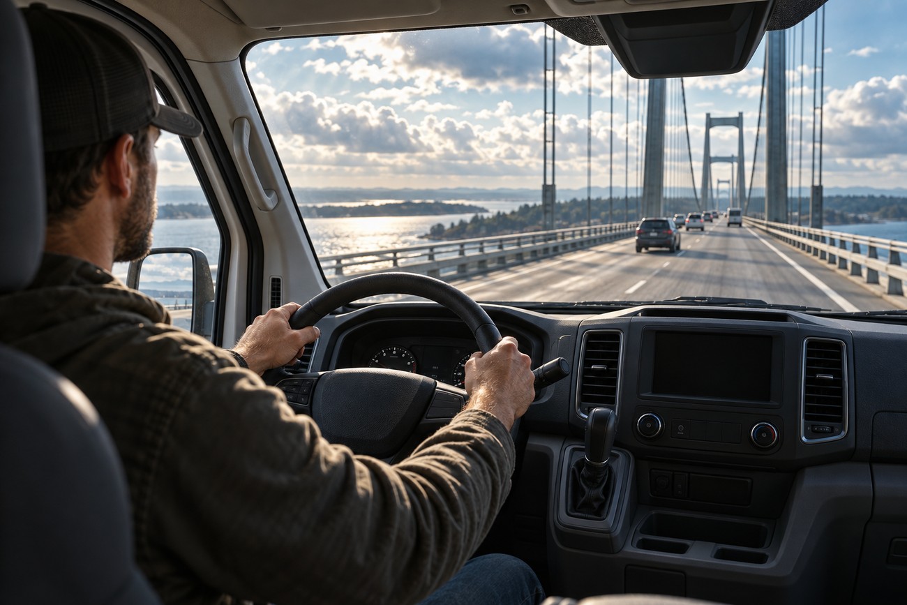Driver holding the steering wheel inside a Ford Transit driving across a high suspension bridge