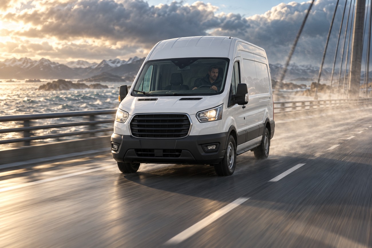 A white Ford Transit van driving across a suspension bridge during strong winds and stormy weather