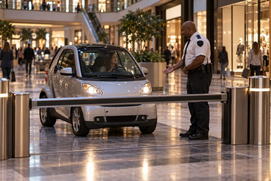 Security guard talking to a woman driving a smart car inside a shopping mall near a barrier