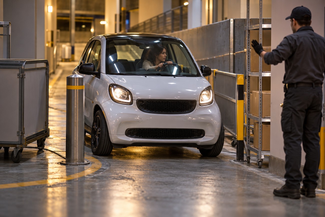 A woman drives a white smart car inside a shopping mall corridor past a security guard directing traffic