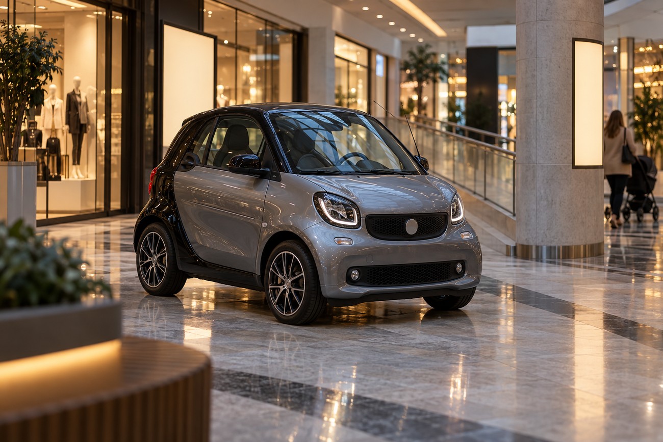 A grey smart car parked on the glossy tiled floor inside a luxury shopping mall
