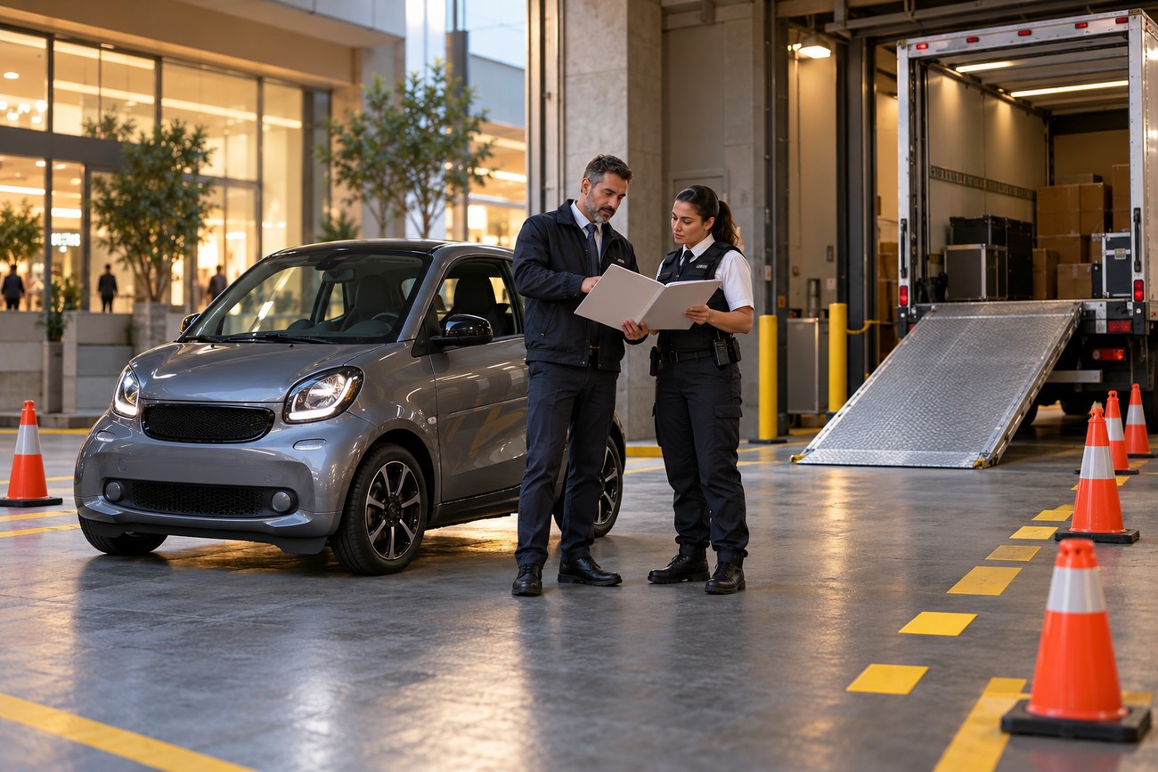 Smart car driver reviewing documents with a security officer in a shopping mall loading dock