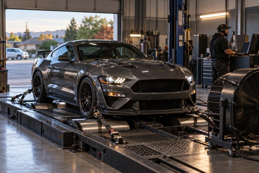 A dark gray sports car strapped down to a dynamometer rollers in a brightly lit automotive workshop with a technician working nearby