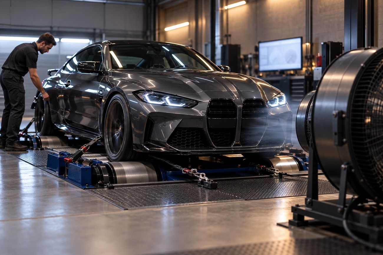 A technician standing beside a dark sports car strapped down on a dynamometer in a workshop