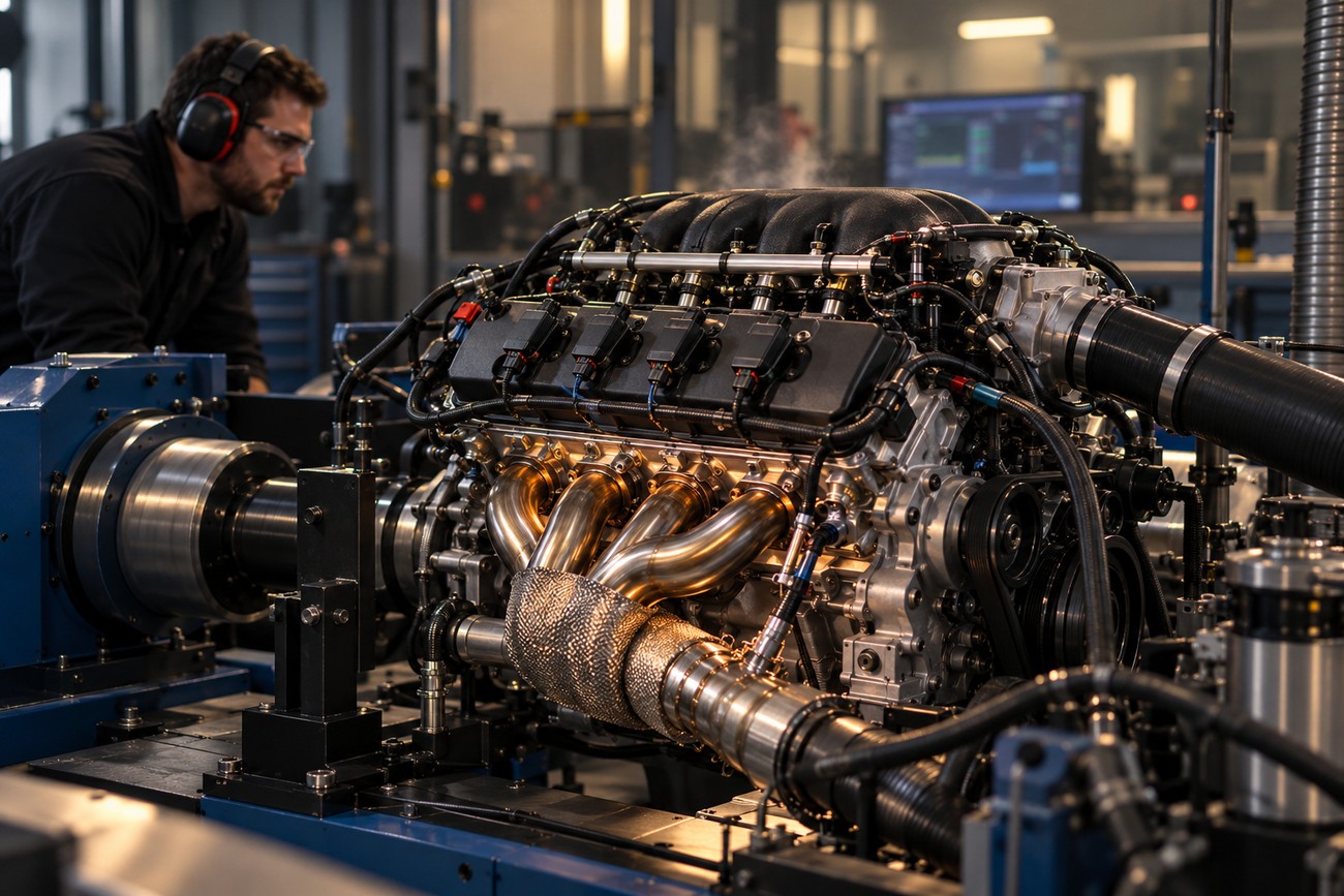 A technician wearing ear protection monitoring a high performance car engine mounted on a dynamometer in a workshop
