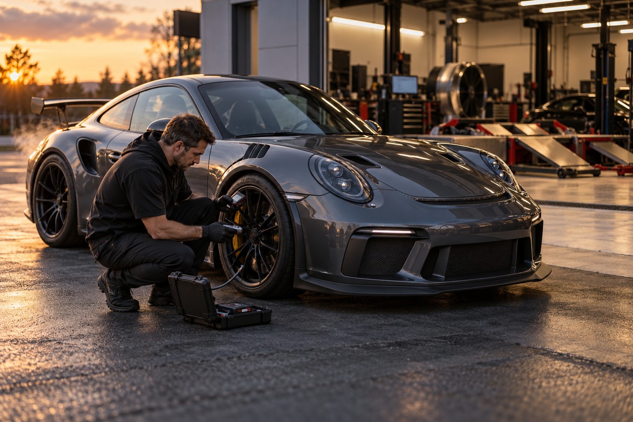 Mechanic kneeling next to a gray sports car outdoors and working on diagnostics for street tuning