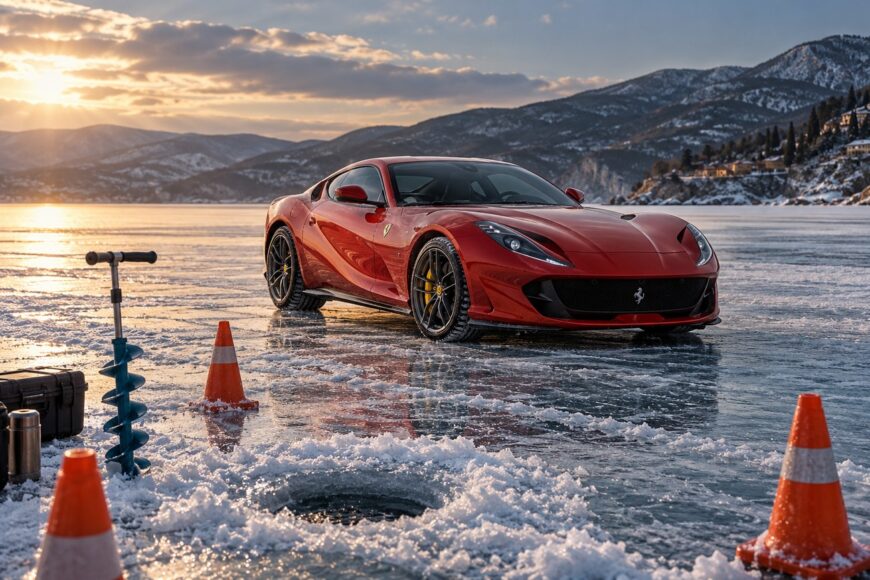Red Ferrari 812 Superfast parked on the icy surface of Lake Abrau surrounded by snow-capped mountains at sunset