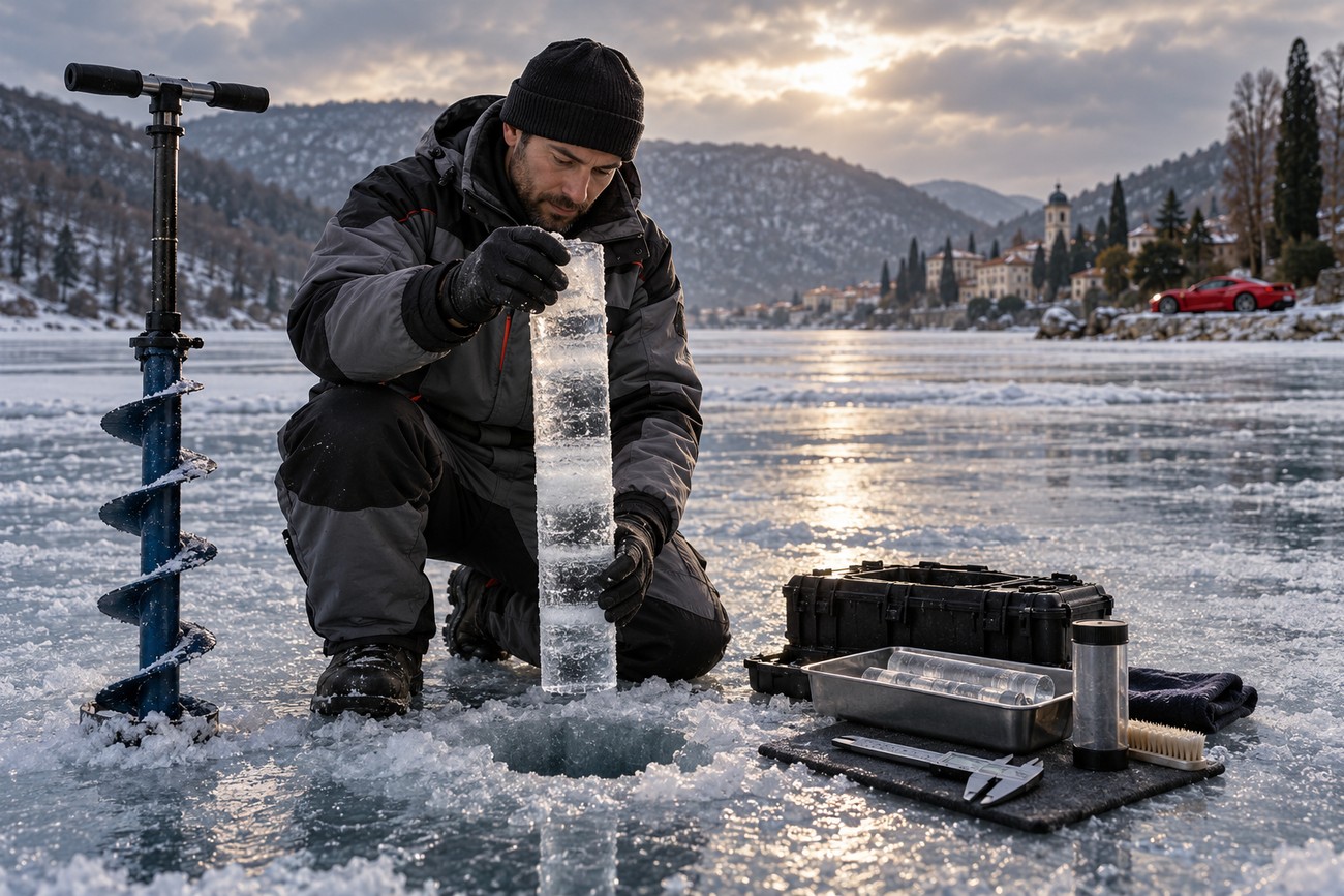A man in winter gear holding a clear ice core sample on the frozen surface of Lake Abrau with a red sports car parked in the background
