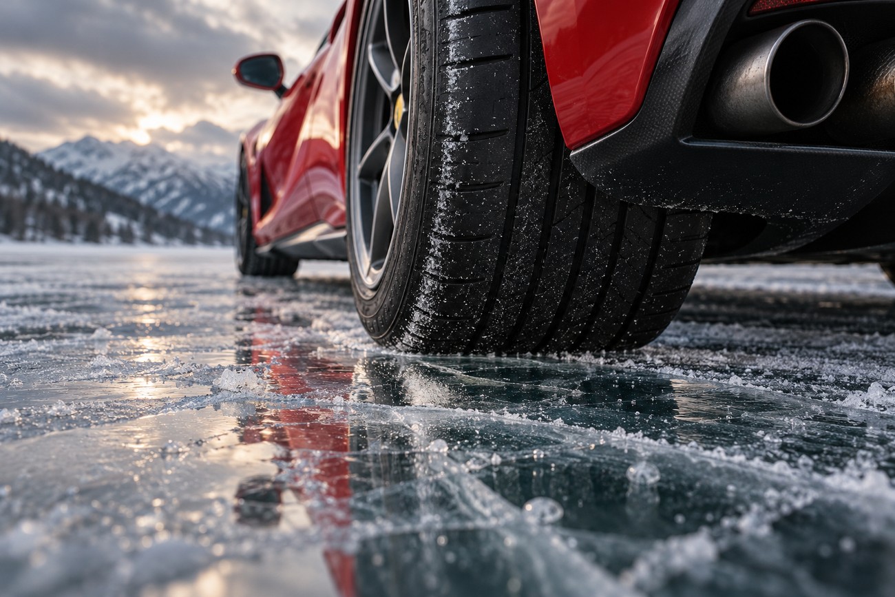 Rear wheel and exhaust of a red Ferrari 812 Superfast parked on the frozen ice of Lake Abrau