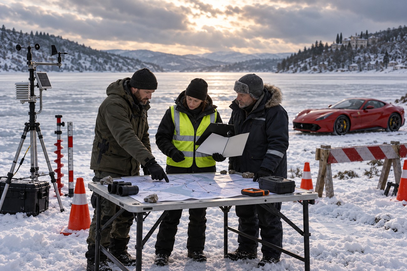 Three researchers in winter clothing reviewing a map on a table outdoors next to weather equipment with a red sports car parked on a frozen lake in the background