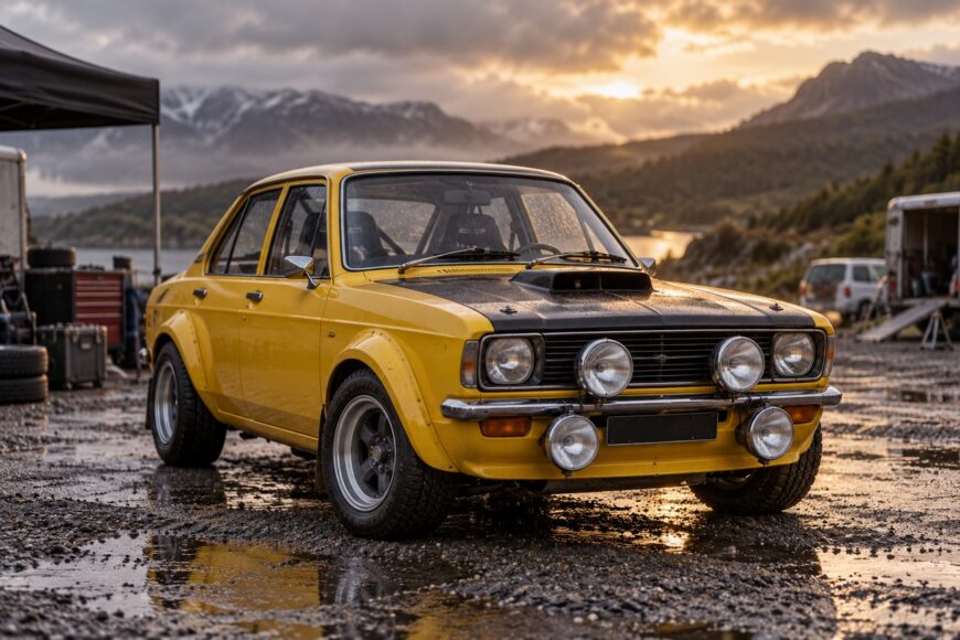 A bright yellow vintage rally car parked on wet gravel with dramatic mountains and sunset sky behind it