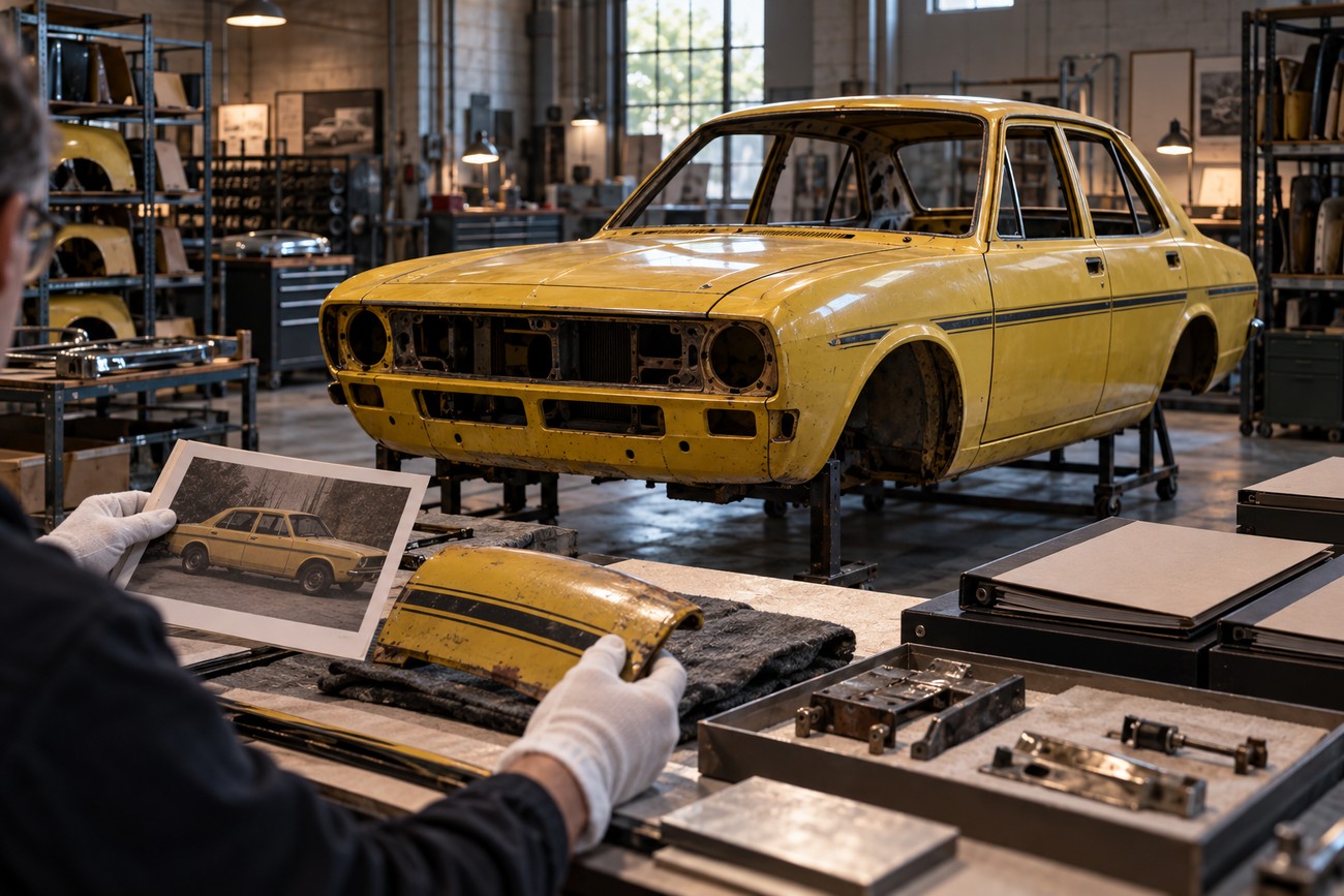 A restorer in white gloves holding a vintage car part and a reference photo in a workshop with a yellow Hillman Avenger Tiger body shell in the background