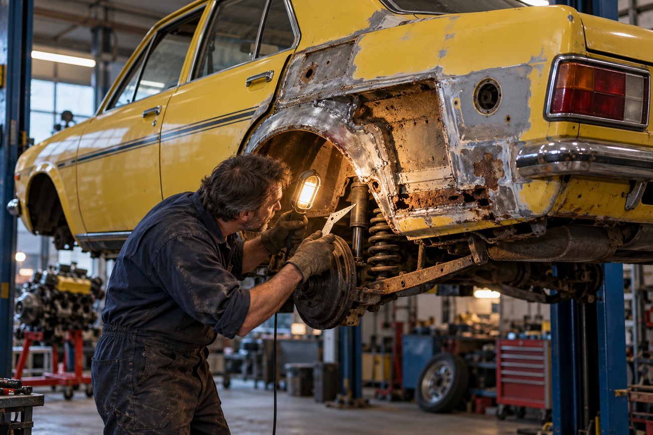 A mechanic inspecting the rear wheel arch and suspension of a yellow Hillman Avenger Tiger with a work light in a garage