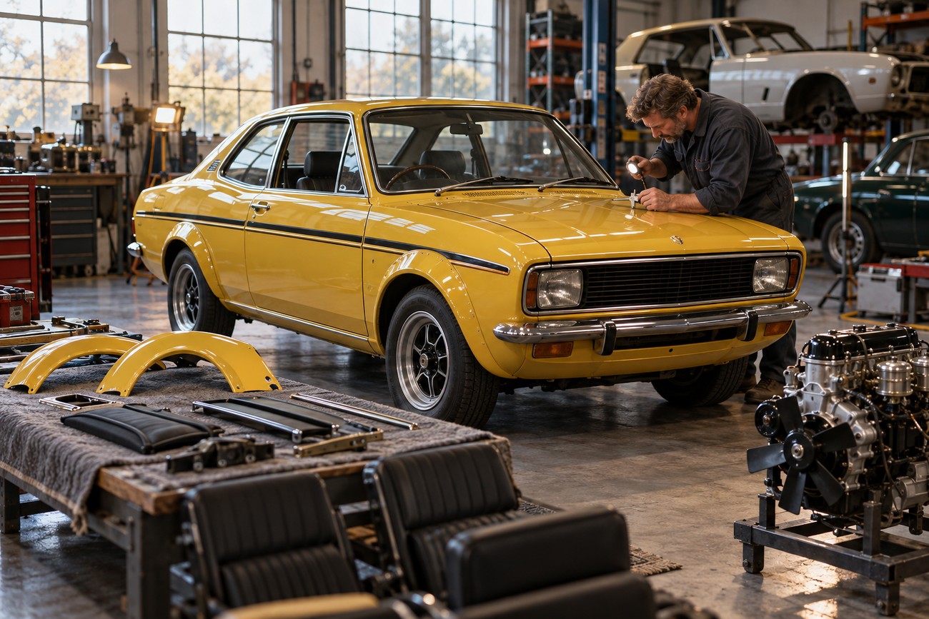 A mechanic inspects the hood of a classic yellow Hillman Avenger Tiger parked inside a vintage restoration workshop