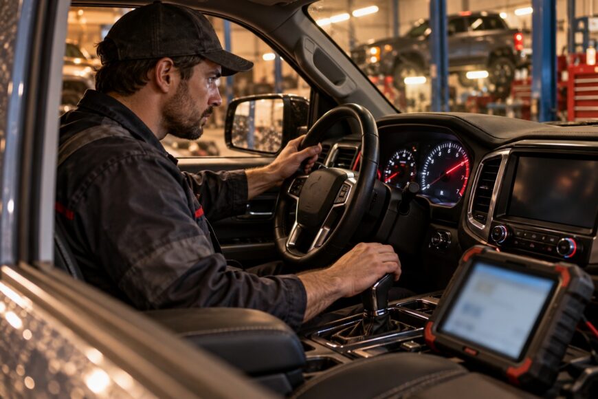 A mechanic in uniform is sitting behind the steering wheel of a car inside a repair shop, testing the automatic transmission