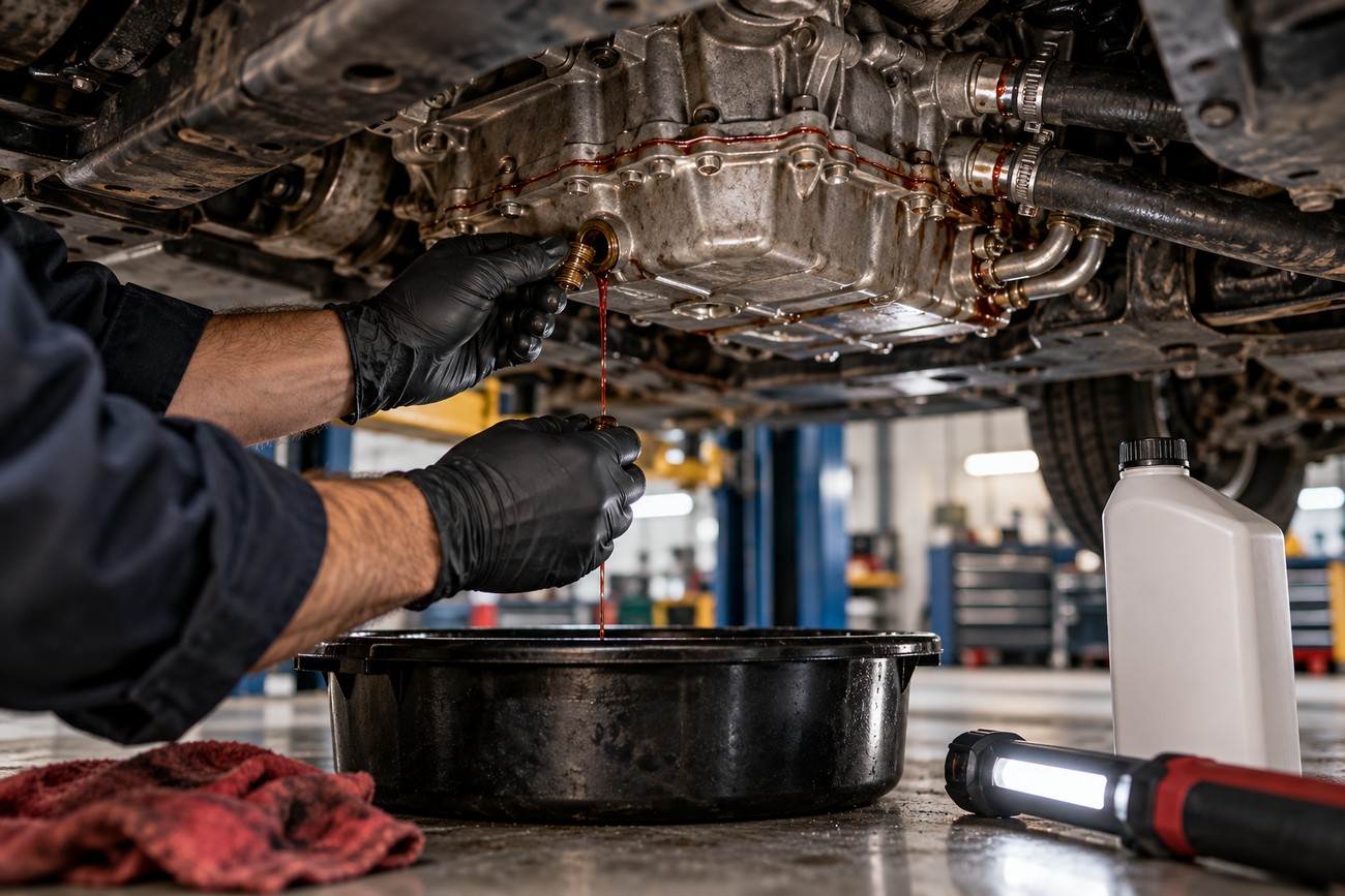 Mechanic in black gloves draining red transmission fluid from a car into a pan