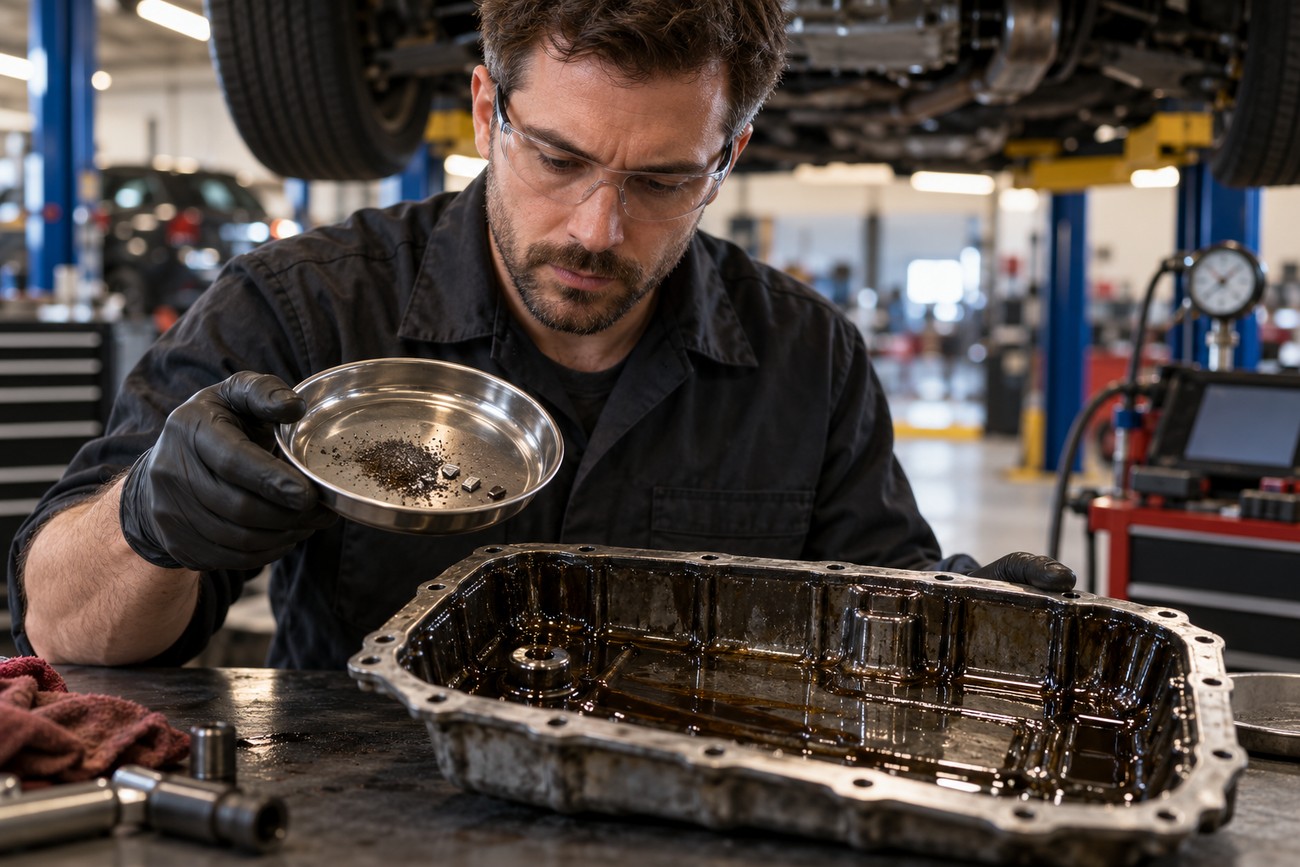 Mechanic wearing safety glasses examines metal debris in a small tray next to an automatic transmission oil pan inside a repair shop