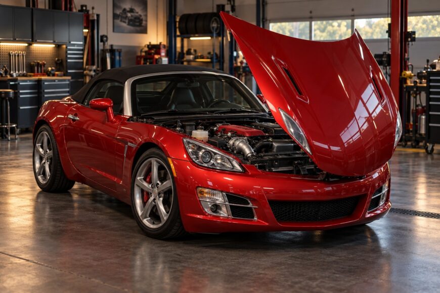 A red Saturn Sky Red Line roadster with its hood open in a modern auto repair garage
