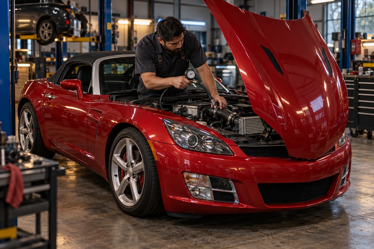 Mechanic checking the turbo engine of a red Saturn Sky Red Line roadster in a repair shop