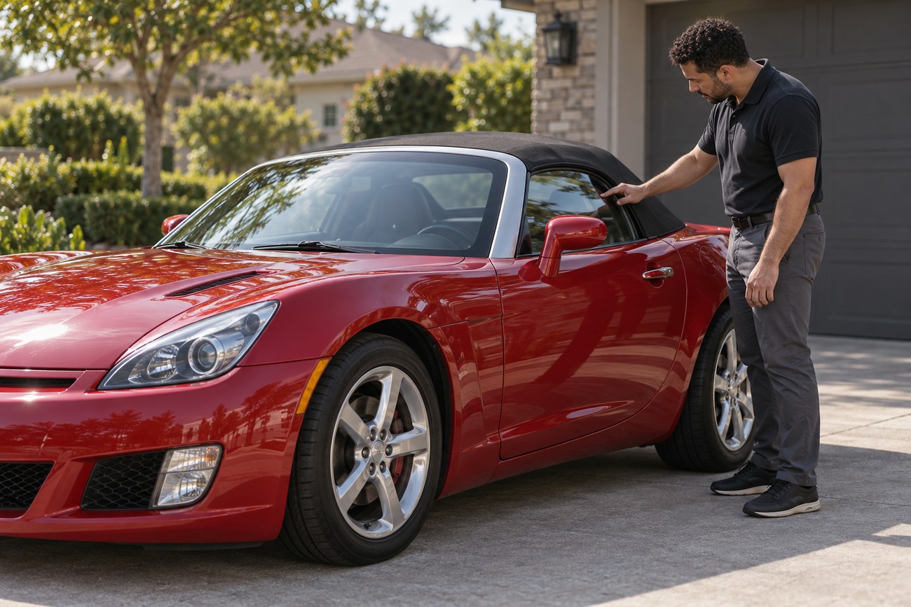 A man stands next to a shiny red Saturn Sky Red Line convertible parked in a driveway