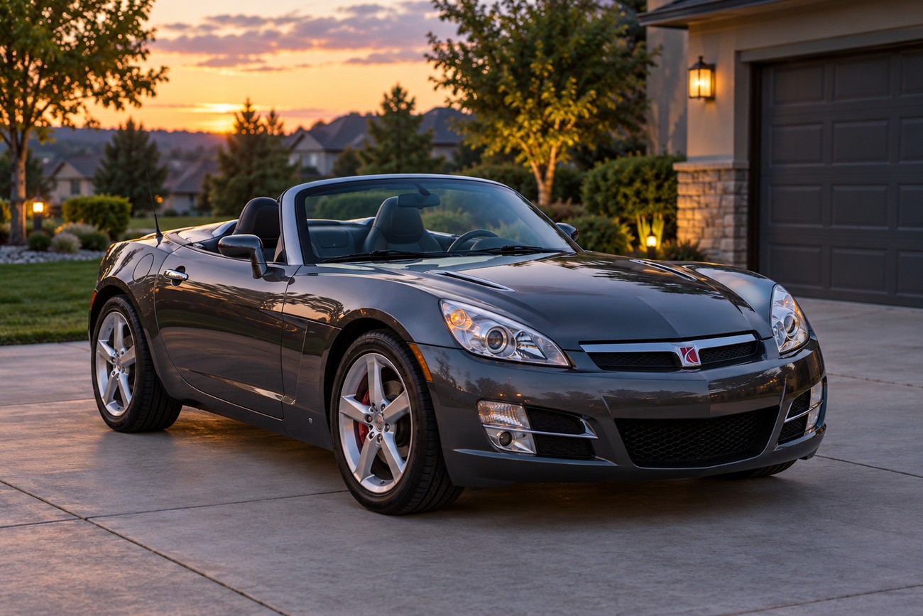 A dark gray Saturn Sky Red Line convertible parked on a concrete driveway in front of a modern house at sunset