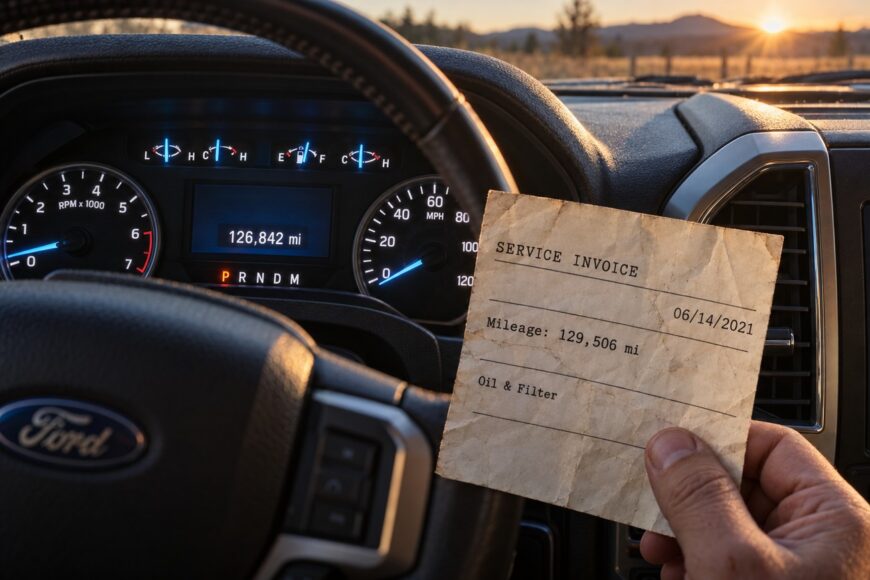 A hand holding a paper service invoice with higher mileage next to the dashboard of a Ford F-150