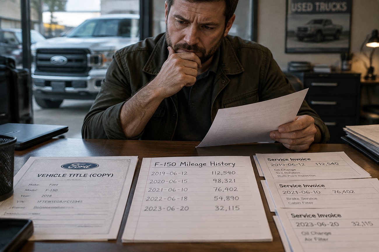 A man carefully examining printed vehicle documents and mileage history for a Ford F-150 at a desk