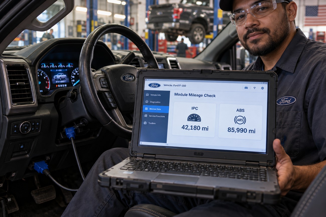 A mechanic inside a Ford F-150 interior holding a diagnostic laptop showing a module mileage discrepancy between the IPC and ABS modules