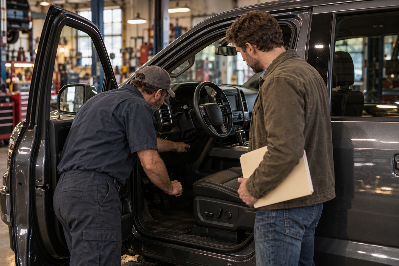 Mechanic inspecting the dashboard and steering column of a Ford F-150 in a repair shop with a customer standing nearby