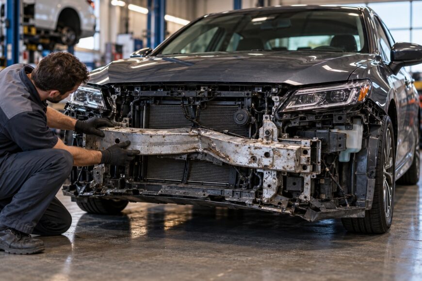 A mechanic in gloves inspects a heavily bent metal bumper reinforcement bar on a gray car in an auto repair shop