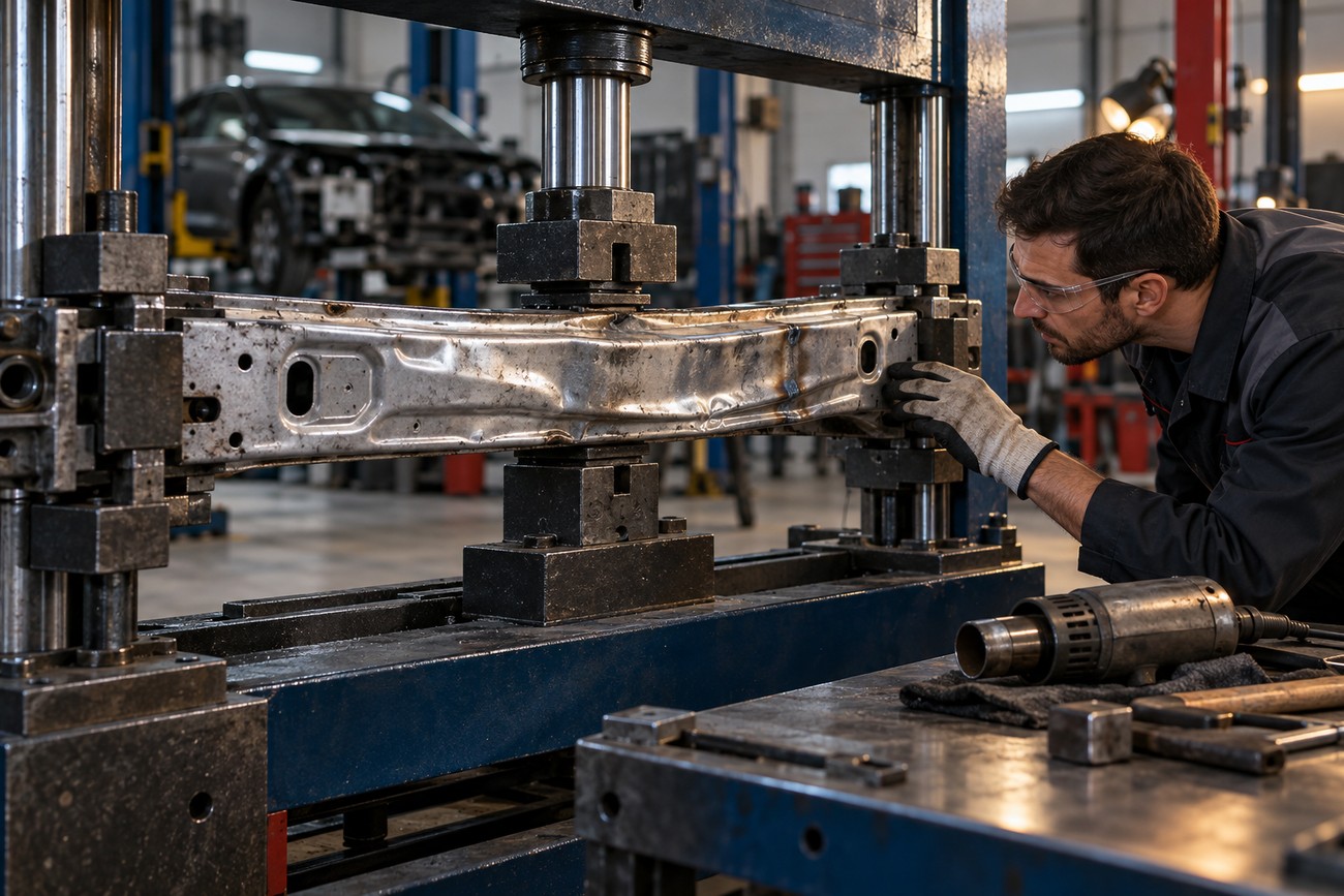 A mechanic wearing safety glasses uses a hydraulic press to straighten a bent metal bumper reinforcement bar in a workshop