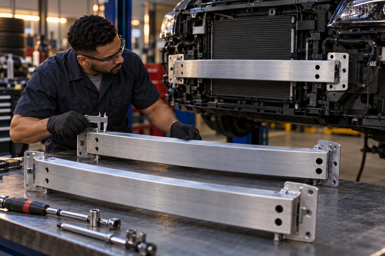 A mechanic wearing safety glasses uses a caliper to inspect a bumper reinforcement bar on a workbench in an auto repair shop