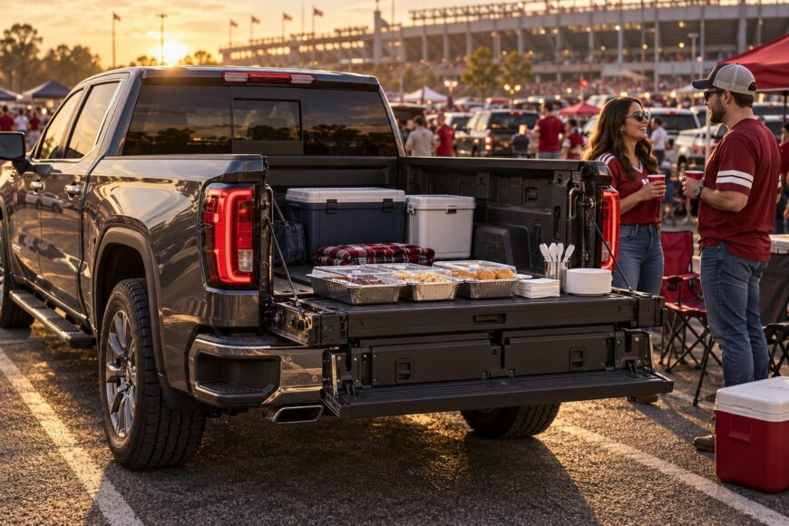 Fans socializing next to the open multi-pro tailgate of a GMC Sierra filled with food and coolers outside a stadium