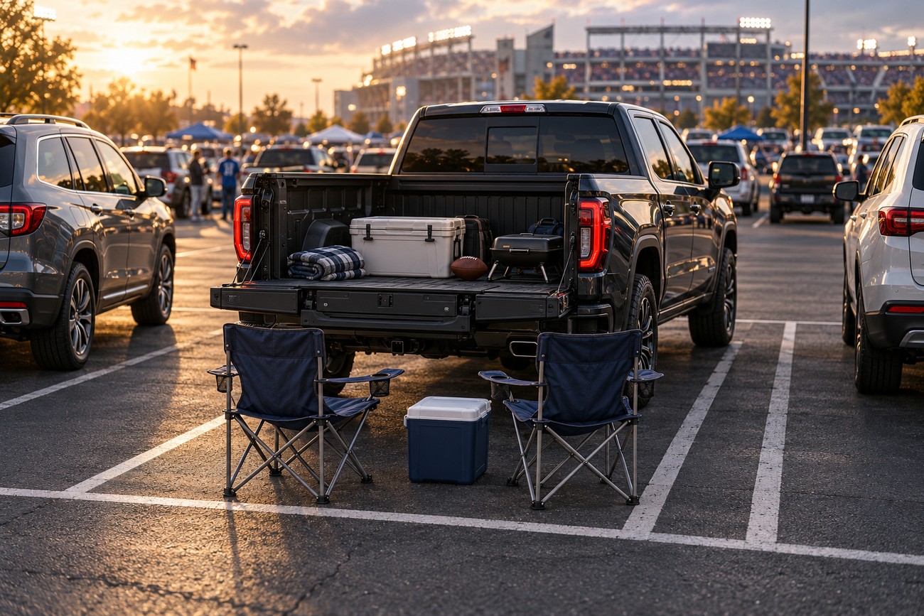 A black GMC Sierra parked in a crowded stadium parking lot with camping chairs and coolers set up for tailgating before a football game