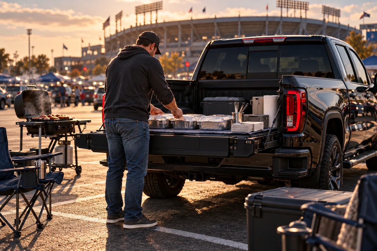 A man organizing food containers on the tailgate of a black GMC Sierra truck parked at a stadium tailgate party