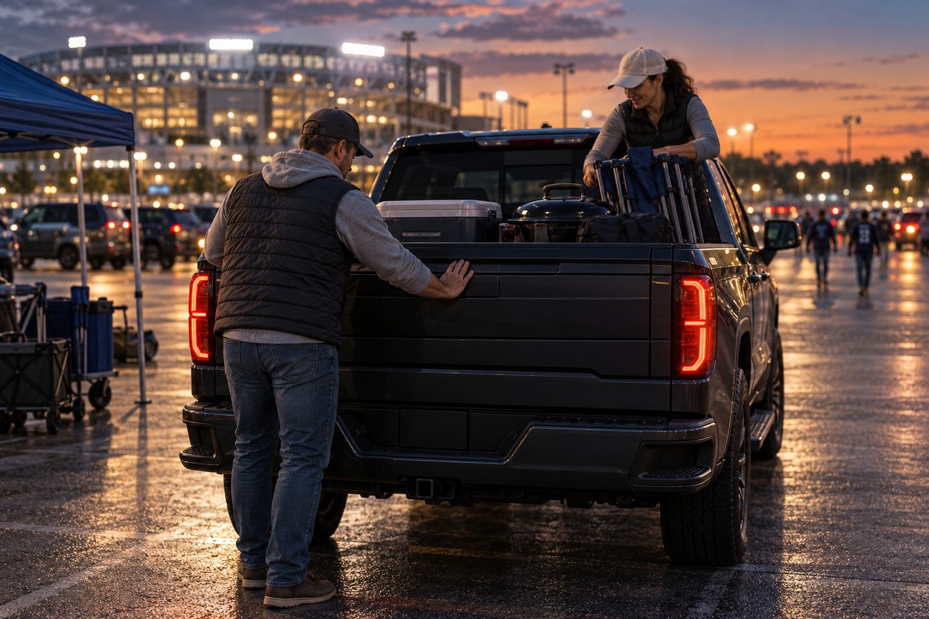 A man standing by the open tailgate of a GMC Sierra while a woman unloads gear in a crowded stadium parking lot at sunset