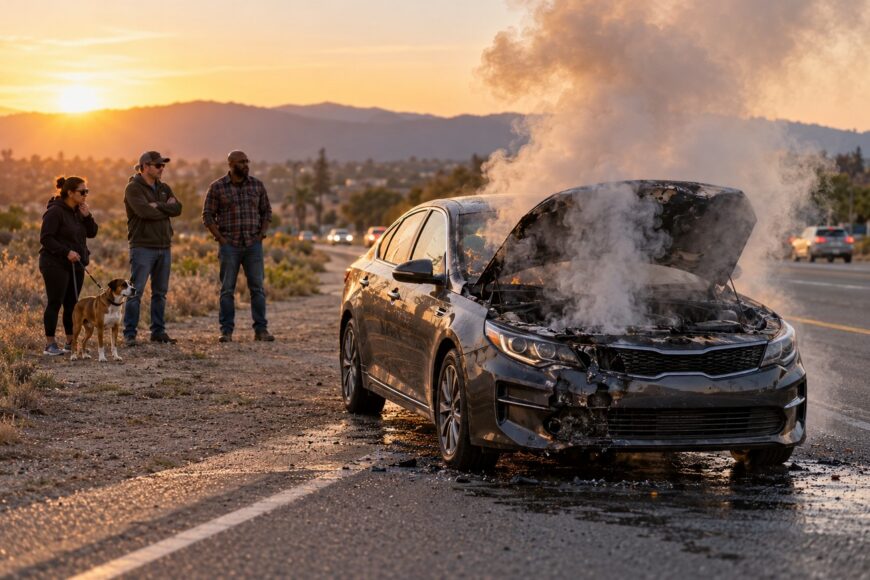A smoking Kia Optima with an open hood parked on the roadside with people watching safely nearby