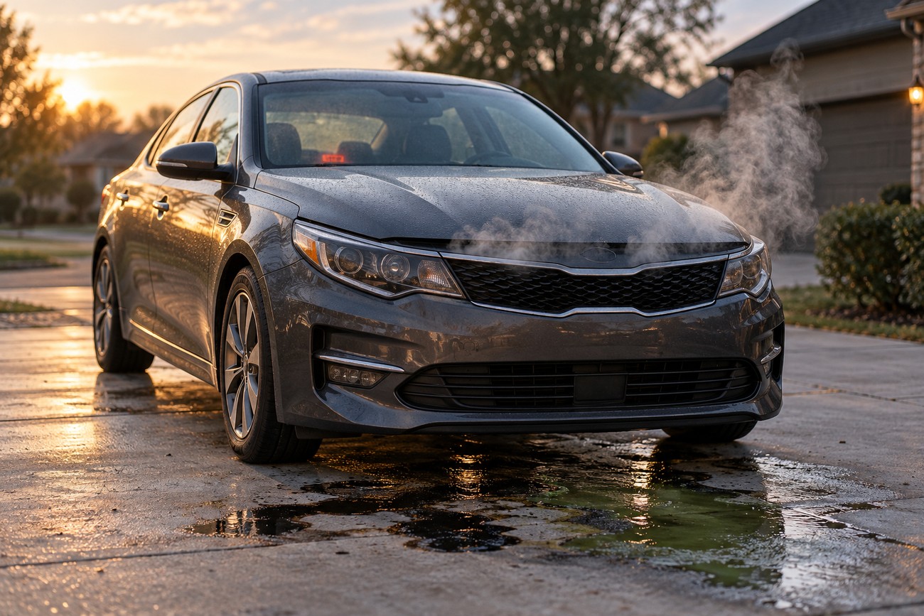 Gray Kia Optima parked in a driveway with smoke rising from under the hood and fluid leaking on the ground