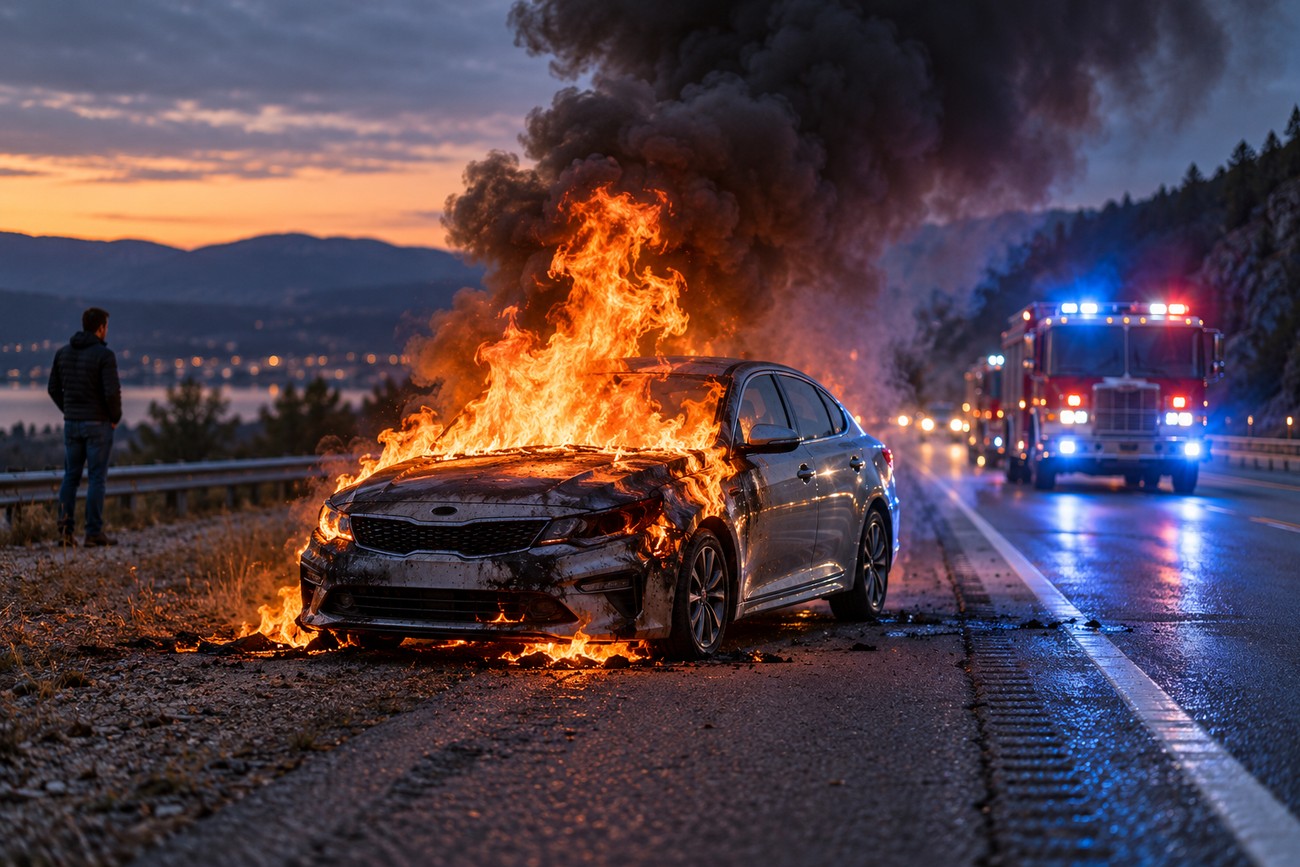 A burning silver Kia Optima sedan on the side of a highway with thick black smoke and a fire truck approaching with flashing lights