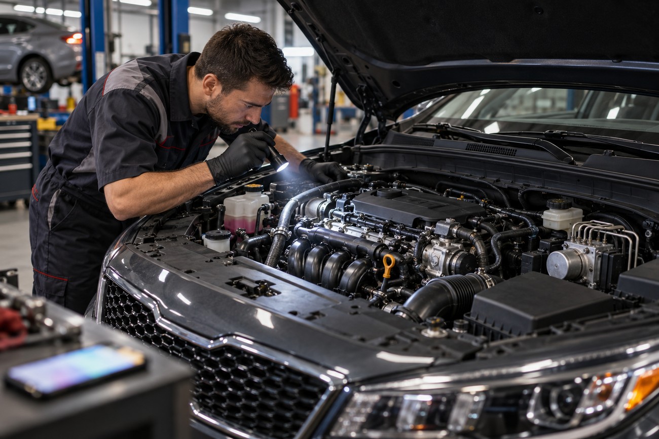 Mechanic wearing gloves uses a flashlight to carefully inspect the engine compartment of a Kia Optima