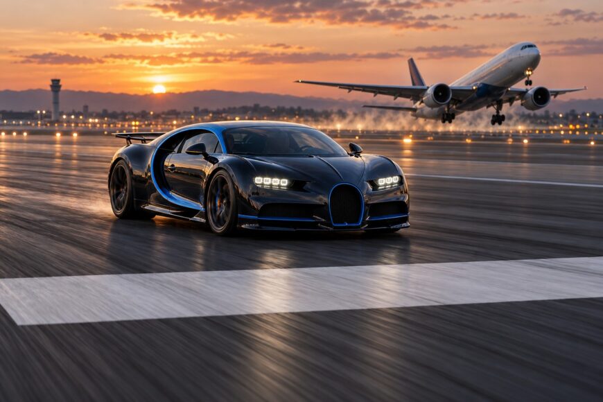 A sleek black and blue Bugatti Chiron speeding on an airport runway as a commercial jet takes off during sunset