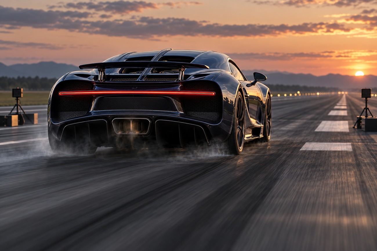 Rear view of a dark Bugatti Chiron accelerating on an airport runway with smoking tires during sunset