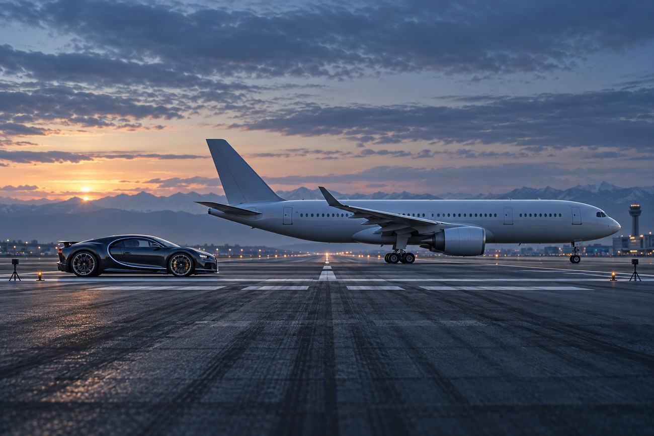 A sleek dark Bugatti Chiron stands on an airport runway next to a commercial jet at sunset