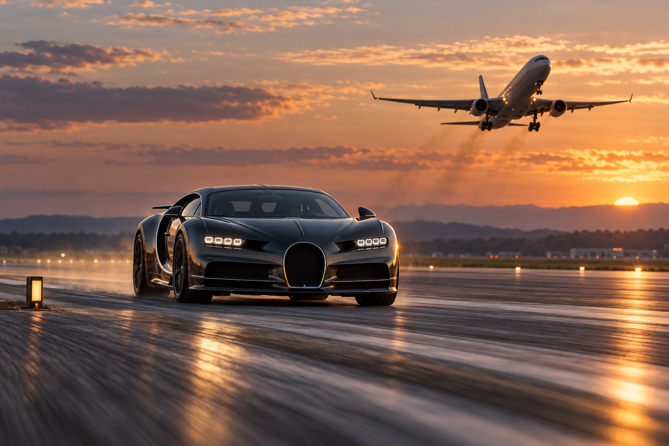 A sleek dark Bugatti Chiron speeding on an airport runway with a passenger jet taking off in the background during sunset