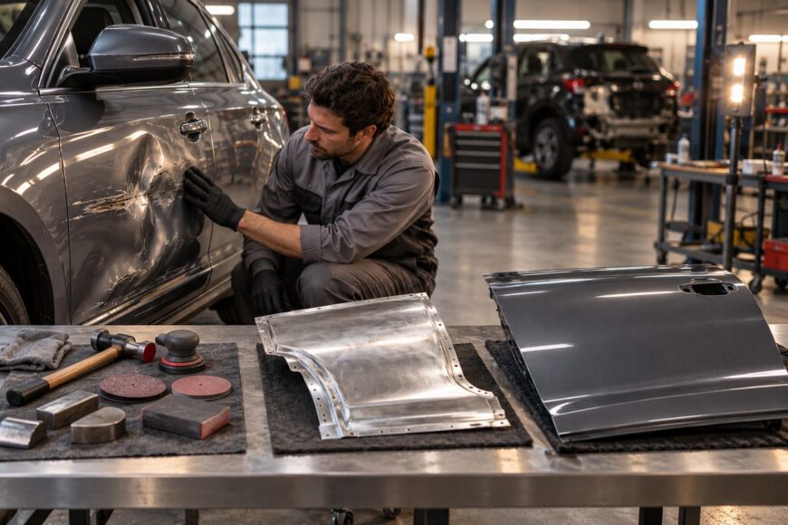 Mechanic in a workshop inspecting a dented car door next to replacement panels and tools