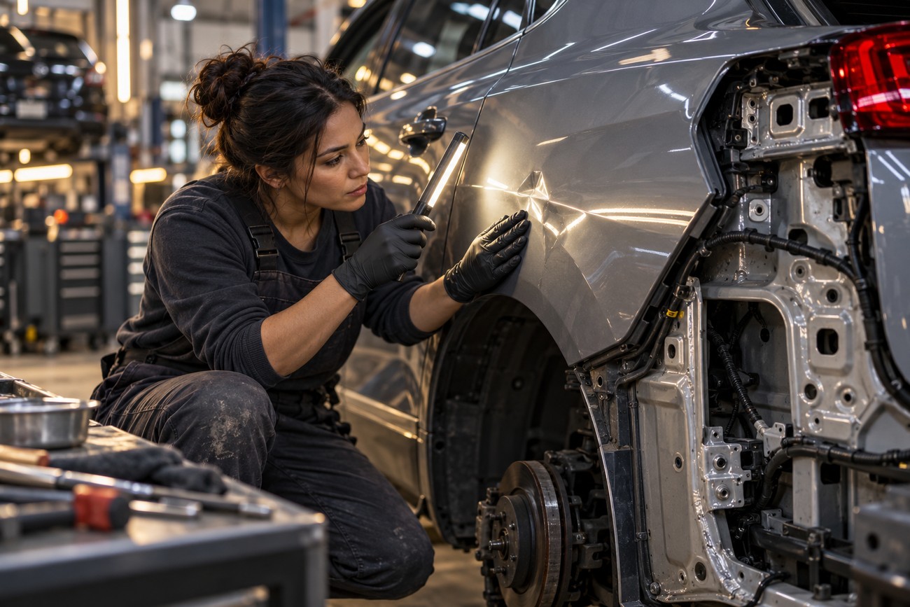 A female mechanic in overalls inspects a dent on a grey car side panel with a work light