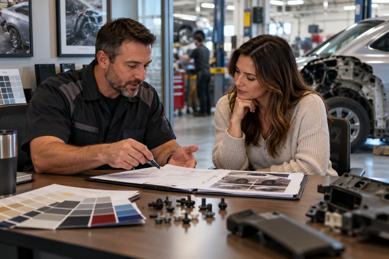 A male mechanic in a workshop pointing at documents and explaining auto body repair options to a female customer