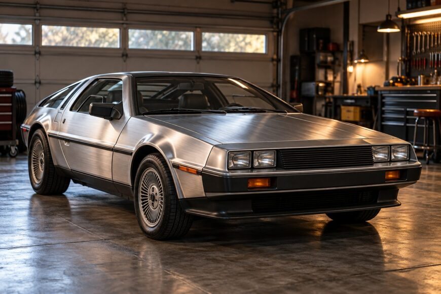 A classic silver DeLorean DMC-12 sports car with stainless steel body parked inside a spacious garage