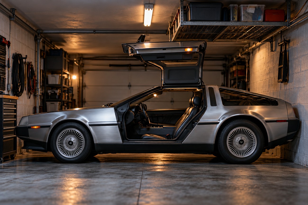 A classic DeLorean DMC-12 sports car with brushed stainless steel body panels and open gullwing doors parked inside a garage